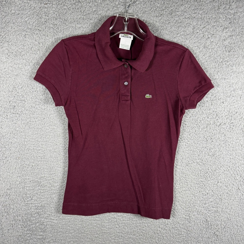 Lacoste Womens Short Sleeve Polo Shirt Burgundy Size 38 F4811 Stretch Pique Logo
